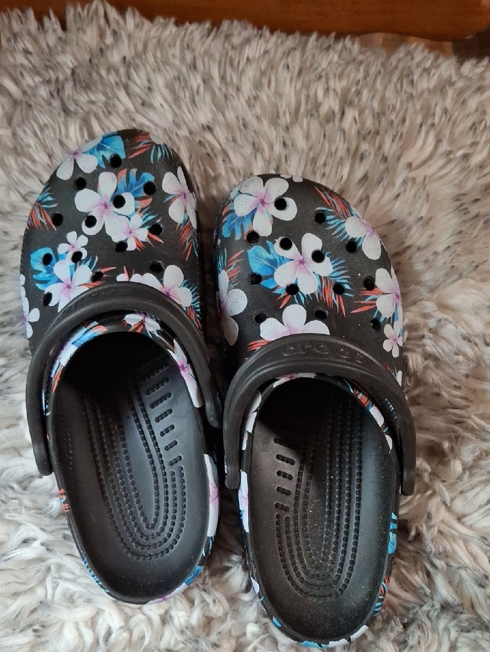 CROCS Black Floral Clogs with Blue & Pink Accents